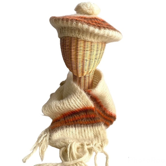 Vintage 60s Hat & Scarf Set Italian Knit Wool Mohair Winter Cream Orange Brown - Picture 1 of 14